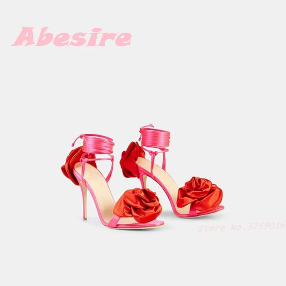 Red Satin Lace Up Sandals Round Toe One Strap Rose Flower Decor Stiletto Heels Women's Sandals Solid Elegant Party Shoes Sexy