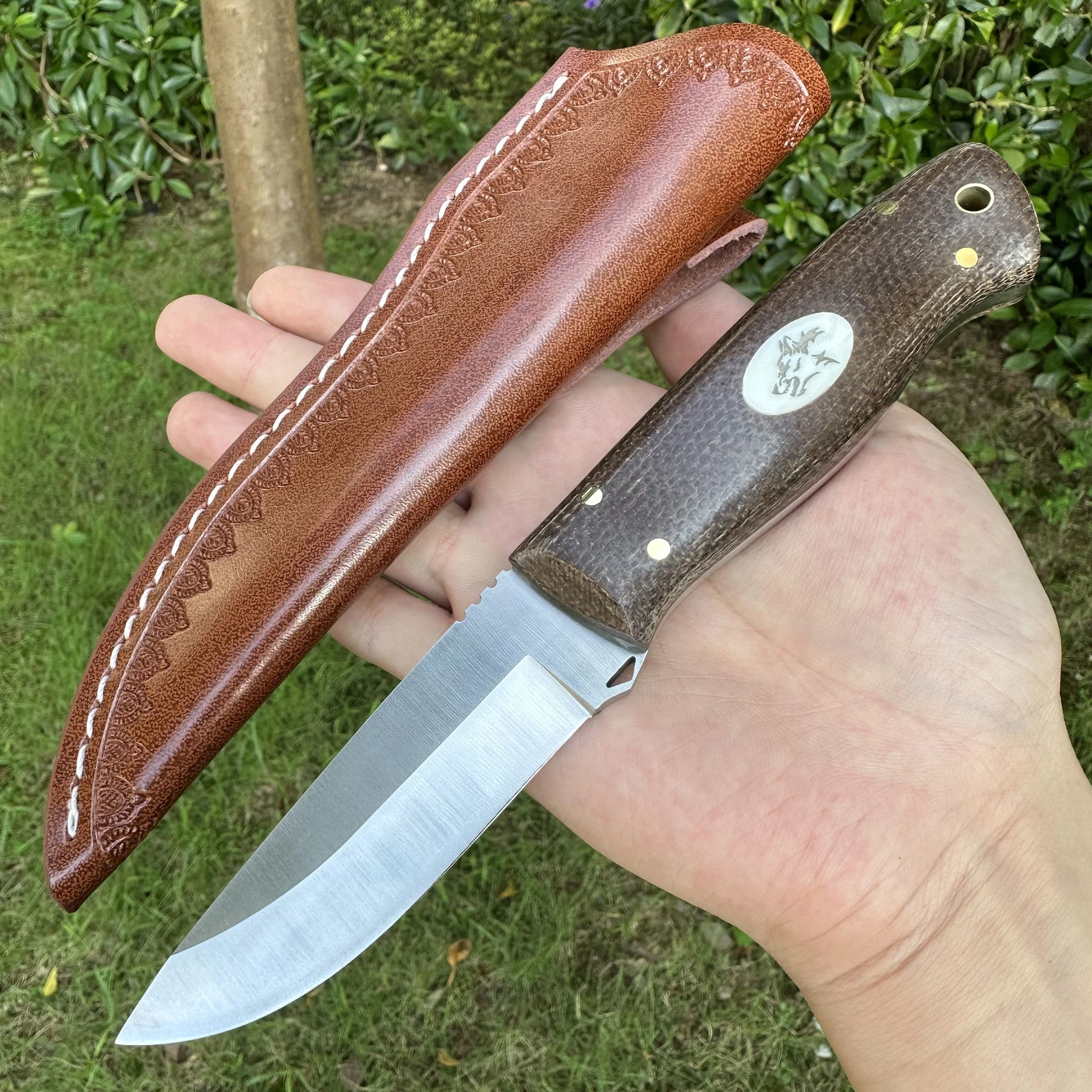 

Topwell Handmade Fixed Knife Hard Sandvik Steel Blade Micarta Handle Inlaid Ox Bone First layer Leather Sheath Outdoor NK1317