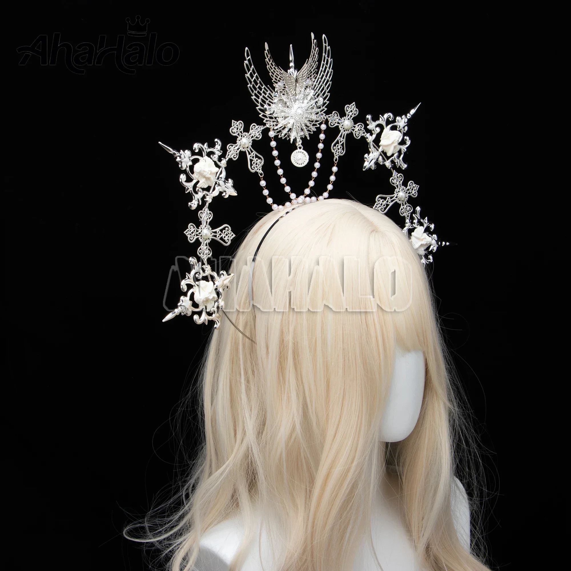 Fatto a mano argentato Mary Apollo Sun Halo Crown Lolita Fascia vintage Copricapo ala d'angelo Dea Copricapo per feste di Halloween
