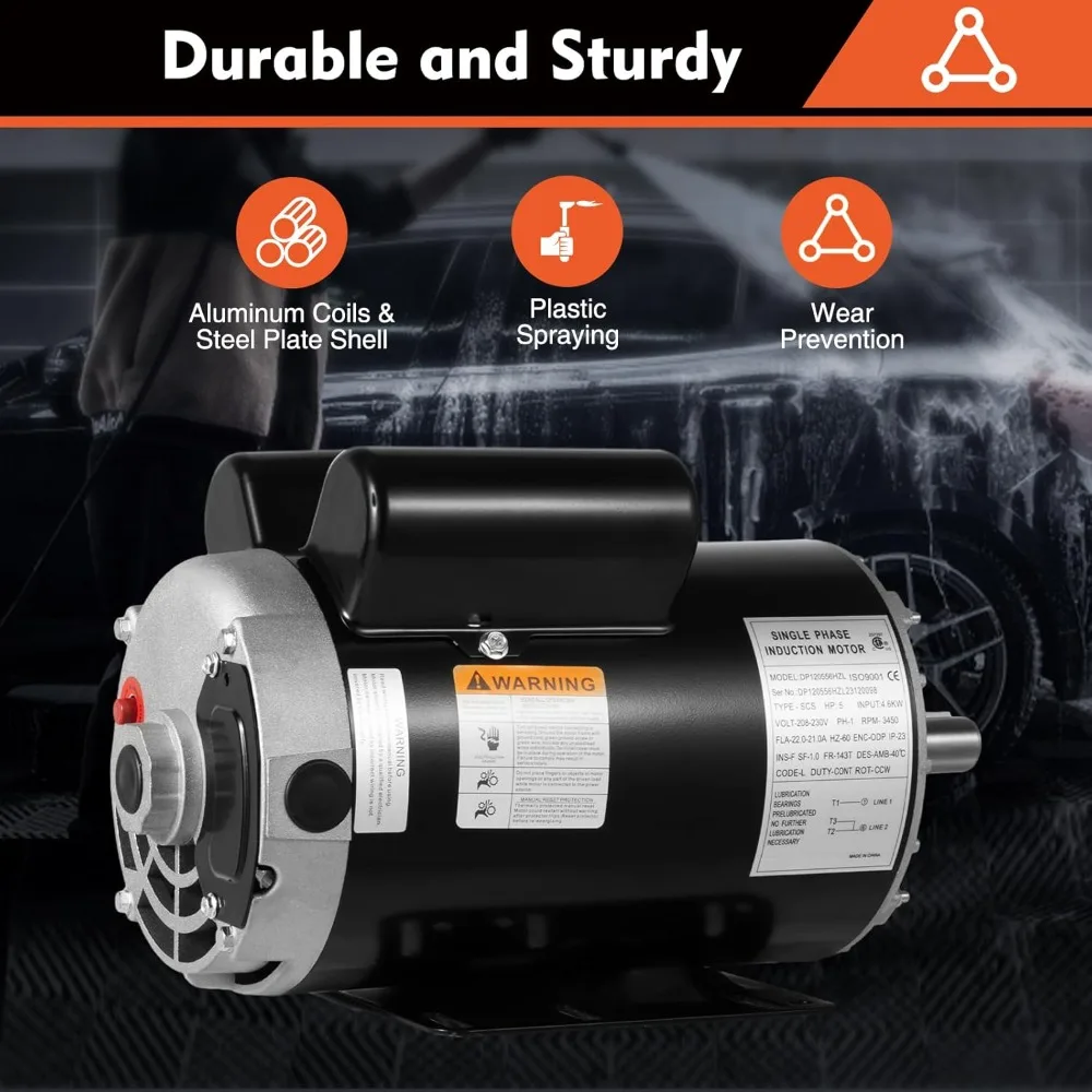 5 HP, 3450 RPM, 208-230 V, 60 Hz, Compressor Electric Motor with 7/8-inch Shaft, 143/5T Frame, Single-Phase Air Compressor Motor