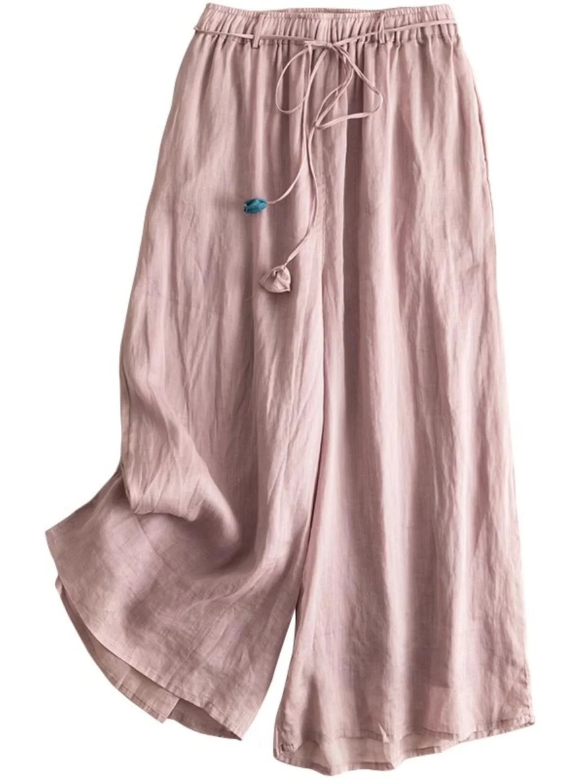 بنطلون نسائي واسع الساق بخصر مرتفع من الكتان، تصميم فني عصري جديد للصيف، بنطلون تنورة فضفاض من القطن والكتان بطول تسعة أرباع