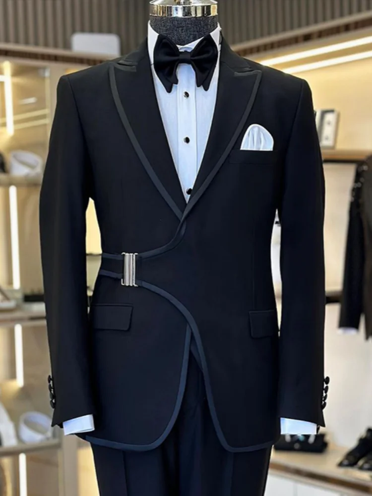 Mens Peak Lapel Wine Red Tuxedo Blazer Asymmetric Waist Belt Design Slim Fit Wedding Banquet Evening Suit Outer Coat