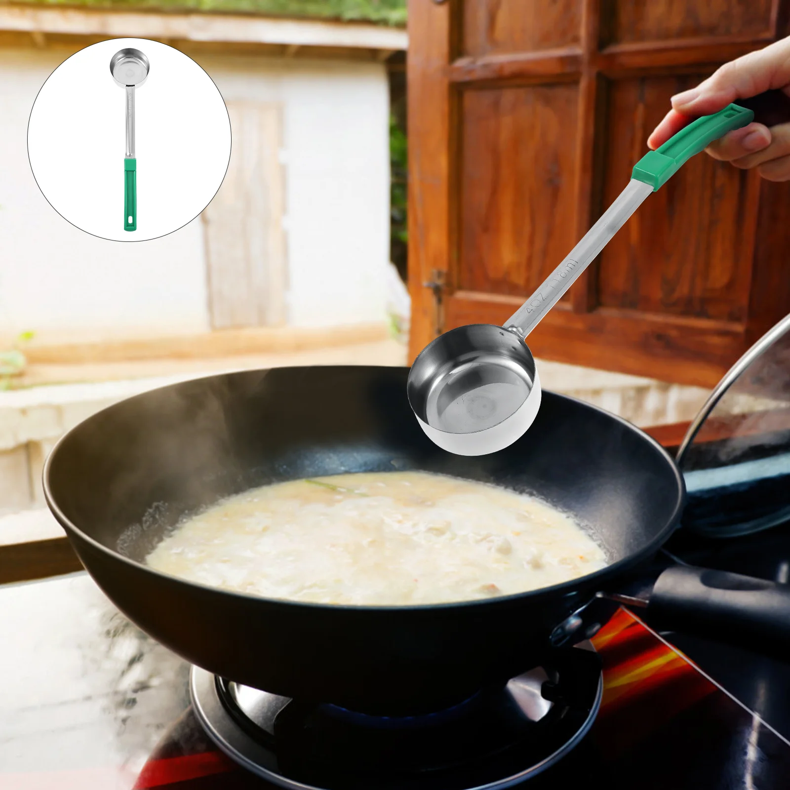 

Angoily Portion Control Ladle Spoon Measuring Serving 4 Oz Stainless Steel (Green Handle)