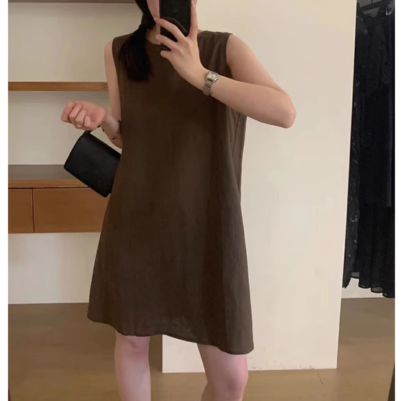 Korean Fashion Sexy Hollow Sleeveless Simple Casual Dresses for Women 2024 Summer Vacation Solid O Neck Loose Beach Mini Dress