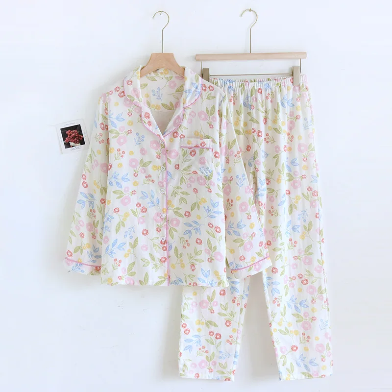 Conjunto de pijama feminino de duas peças com estampa doce, pijama de algodão, calças, roupas de primavera, roupas de casa