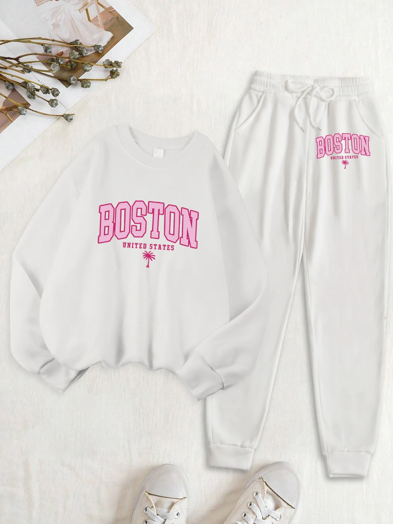 Boston United States Prints Women Sweatshirt Set Casual O-Neck Jogging Pants Fashion Autumn Sweatpants Fleece Street Tracksuit