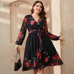 KEBY ZJ Plus Size Floral Print V Neck Midi Belted Dress Women Casual Spring Fall Long Sleeve Elegant Vintage A-Line Dresses 2022