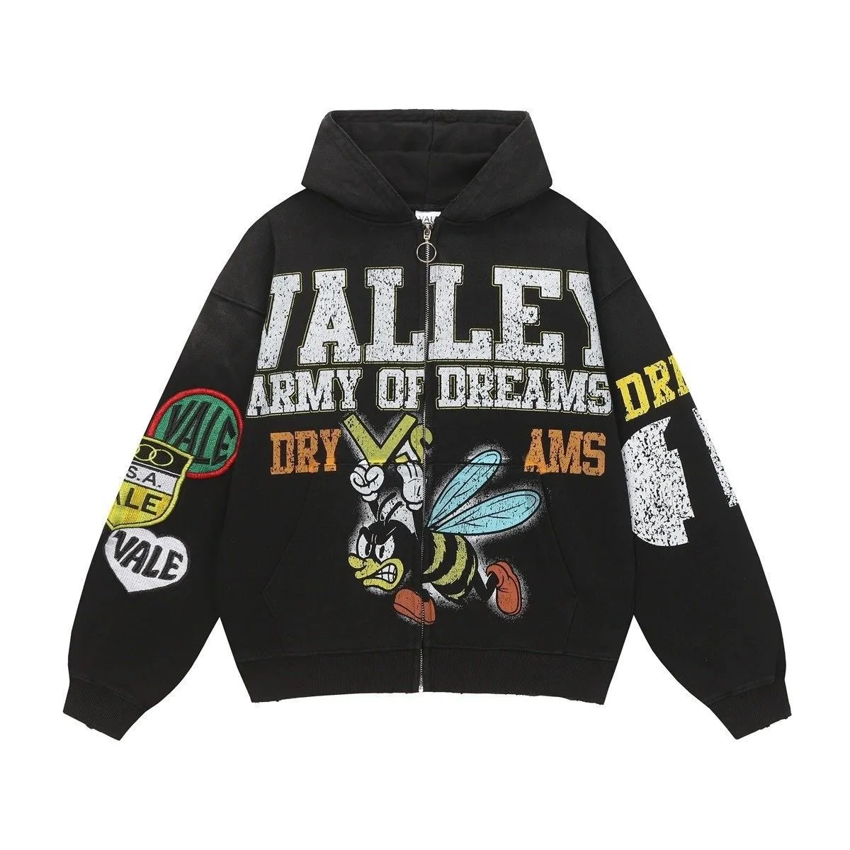 Vale Forever valley American Street cartoon bee do old hooded cardigan sweater men's and women's casual zip jacket