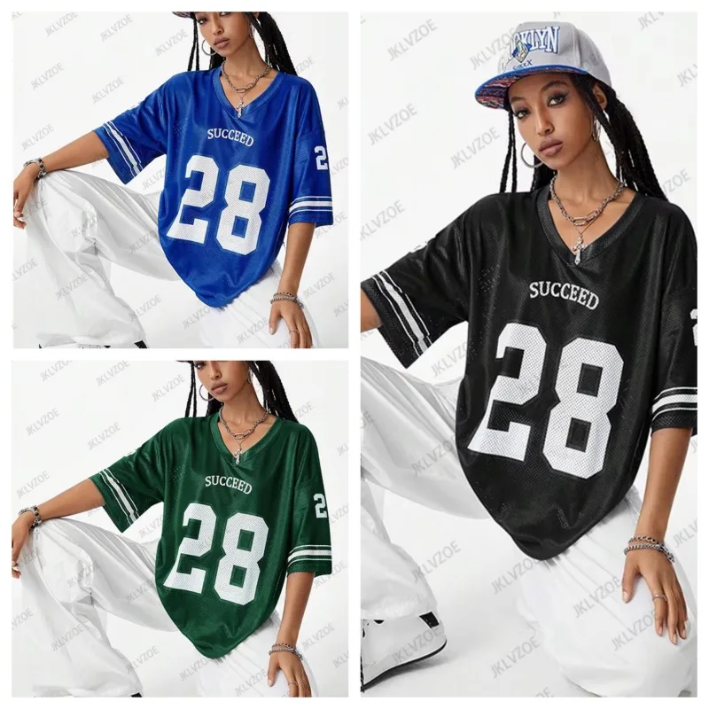 

2025 New Black 28 Size Printed T-shirt Women's V-neck Short Sleeve Sports Football Suit Y2K Loose Large Size Comfortable Top