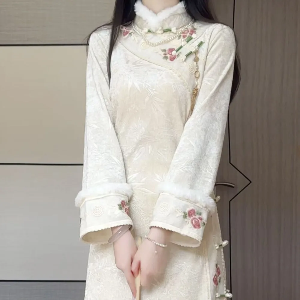 Cheongsam joven señora elegante chica china mejorado Otoño Invierno manga larga Año Nuevo Chino Qipao vestido moderno 2024