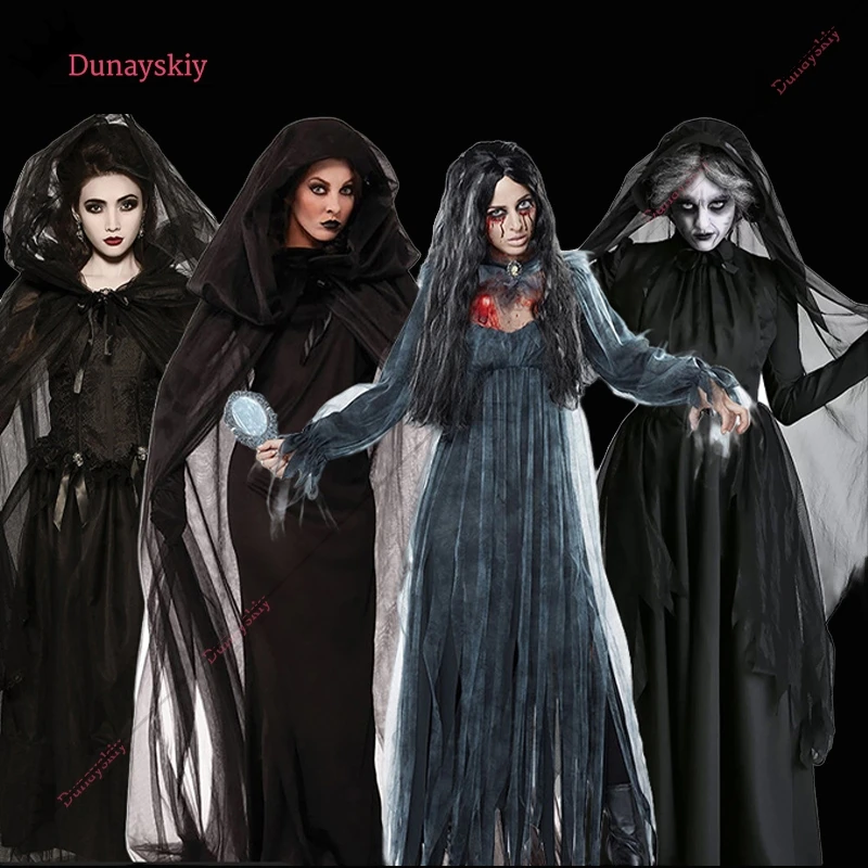 Horror cosplay bruxa feminino assustador zumbi vampiro halloween carnaval traje assustador fantasma medieval com capuz capa dia dos mortos