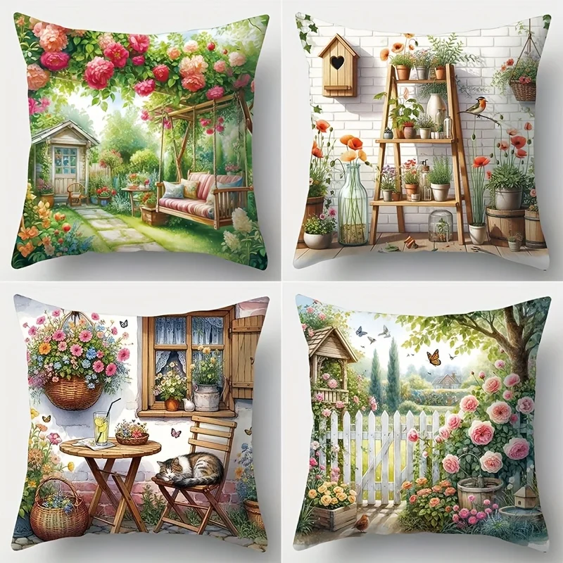 4pcs Cottage Garden Throw Pillow Covers Suitable for garden courtyard sofa chair decoration cushion cover, gift, pillowcase only