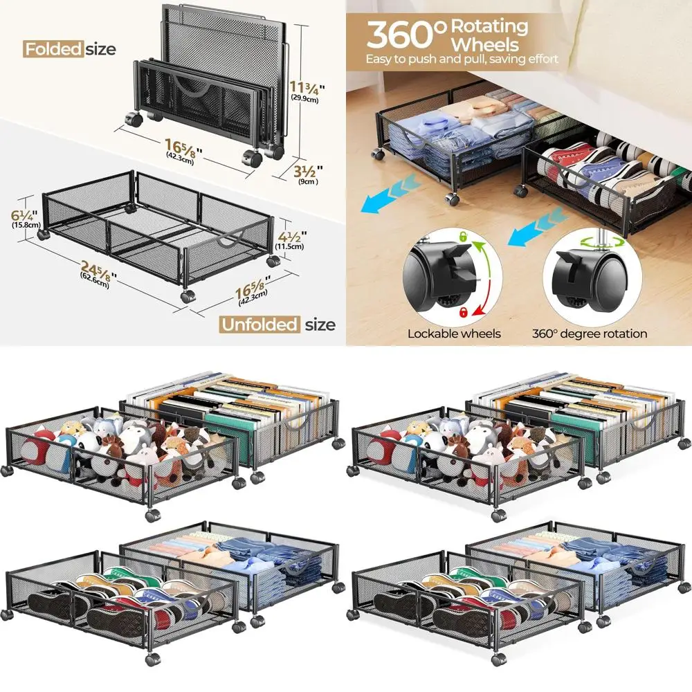 

4-Pack Wheeled Under Bed Storage Boxes for Clothes, Shoes, and Accessories - Black