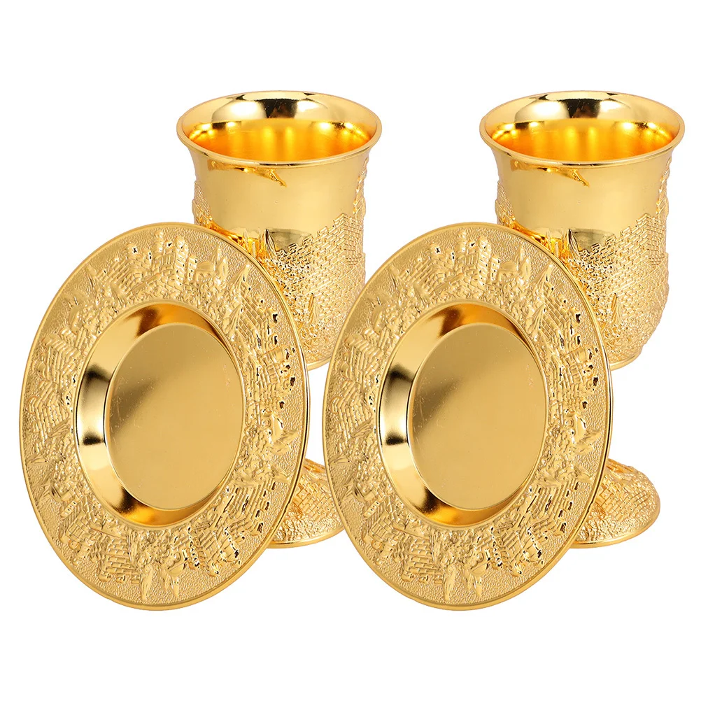 

2Sets Zinc Alloy Jewish Sabbath Goblet Embossed Wine Chalice Tray for Havdalah Blessing Rituals Judaica Holiday Celebration