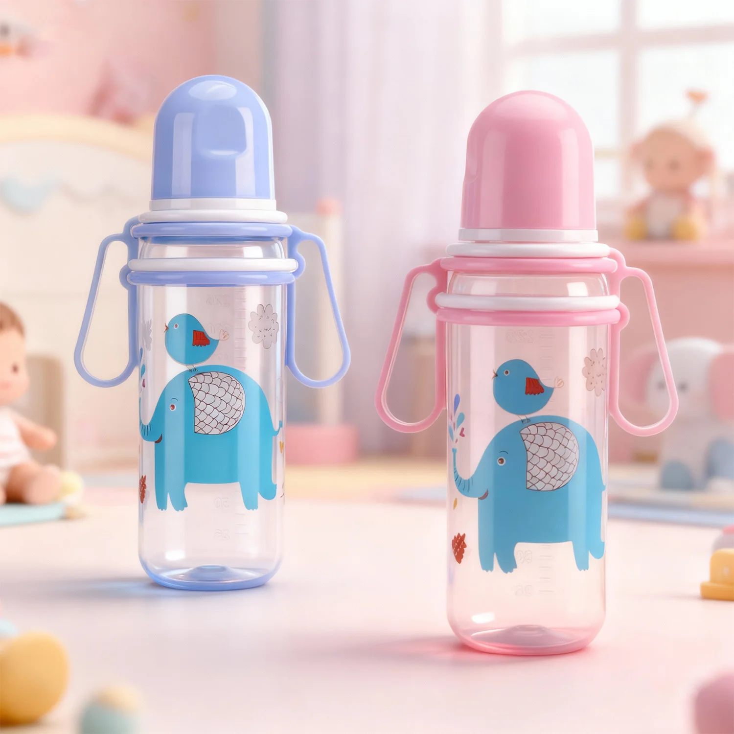 زجاجة أطفال 250 مل مع مقبض عيار قياسي زجاجة أطفال حديثي الولادة مستقيمة من السيليكون كوب ماء مقاوم للعض بنمط عشوائي #5