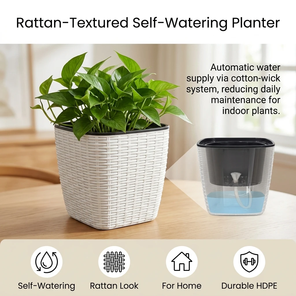 Self Watering Plastic Planter Pot with Rattan Texture HDPE Round Lazy Flower Pot for Indoor Plants Balcony Herbs