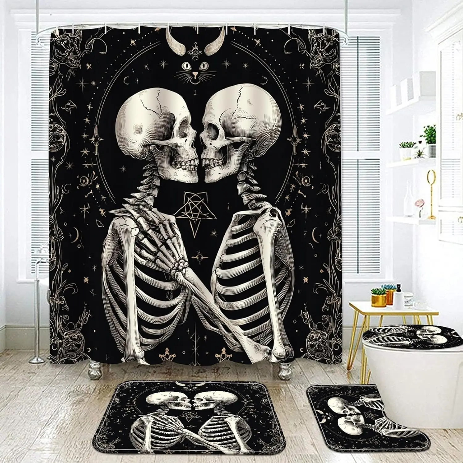 

Хэллоуин шторы для ванной комнаты, 4 шт. готический скелет черные занавески для душа и коврики наборы декора для ванной комнаты, пара черепов на Хэллоуин