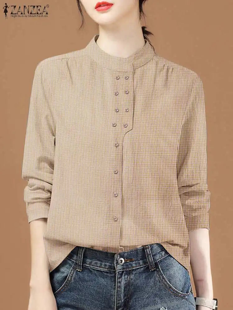 ZANZEA 2023 Chinese Style Vintage Blouse Office Long Sleeve Shirt Fashion Autumn Women Double Breasted Top Casual Oversize Blusa