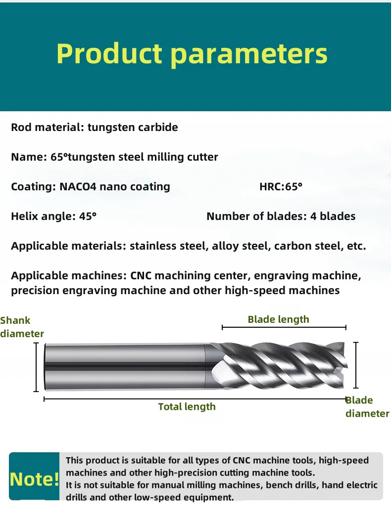 HRC65 Tungsten Carbide End Mill NACO4 Coated 4 Flute Milling Cutter 3 4 5 6 8 12 Shank Metal Steel Machining Tool CNC Router Bit