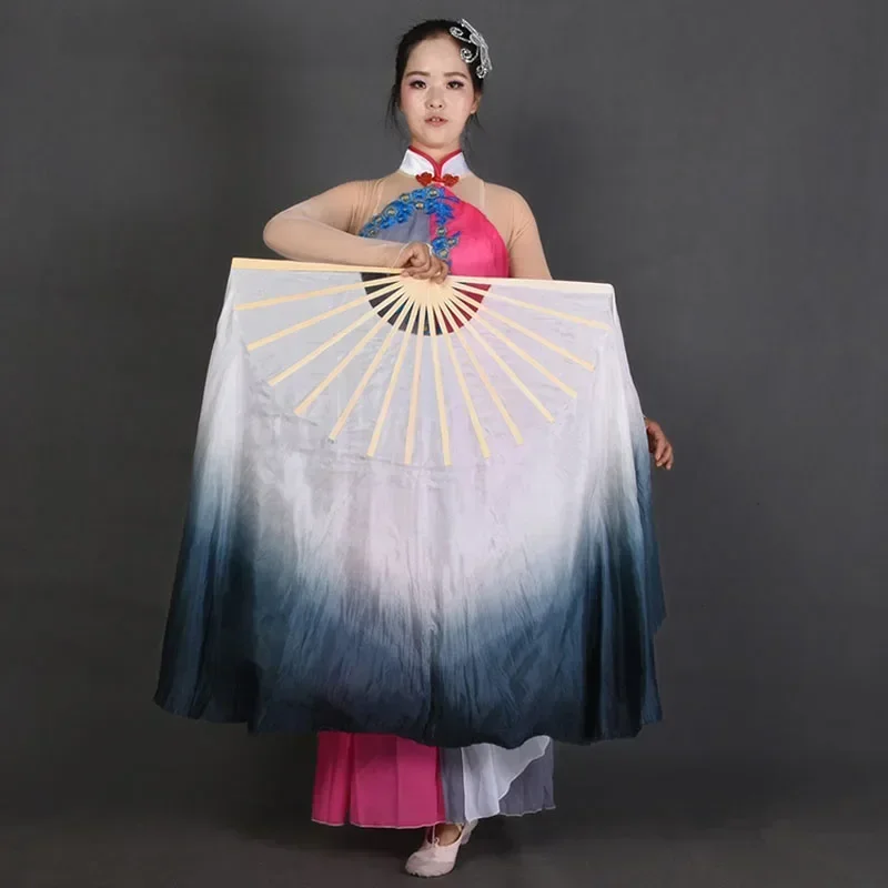 Ink-Blue Double-Side long 100% real Silk Fans Veils Chinese Classical Yangko short Fans Performance Show Props Big Size