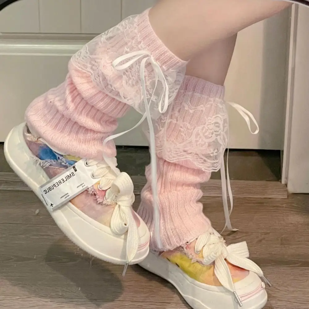 

Woman Leg Warmers Autumn And Winter Ribbon Lolita Black Knee Warmers Long Socks JK Knitted Girl White Leg Warmers