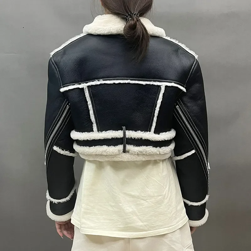 2023 Genuine Sheepskin Shearling Coats Women Real Leather Jacket Thick Warm Winter Stand Collar Crop Jacket NOB5893