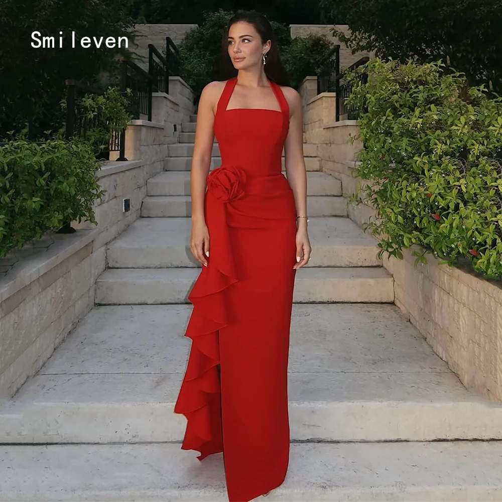 

Smileven Elegant 3D Halter Red Mermaid Prom Dress Flowe Party Gowns Pleat Side Silt Formal Occassion Dress Customized 2026