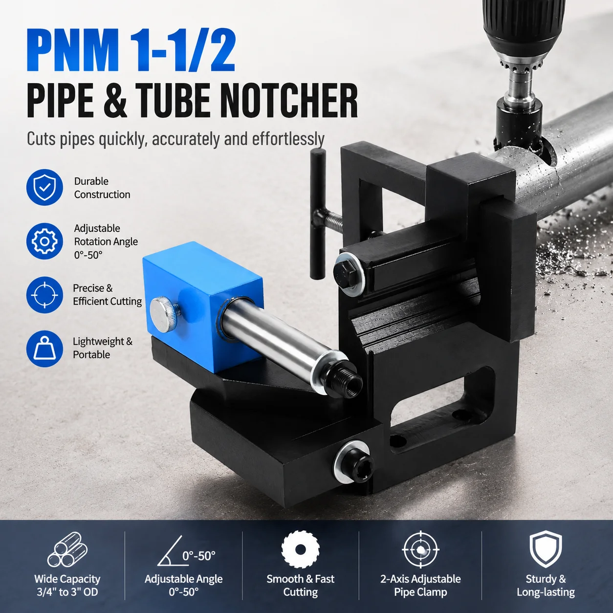 PNM 1-1/2 Pipe Notcher Tube Notcher Stainless Steel Adjustable Pipe Cutting Tool 0-50° Rotation 3/4