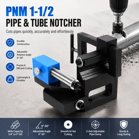 PNM 1-1/2 Pipe Notcher Tube Notcher Stainless Steel Adjustable Pipe Cutting Tool 0-50° Rotation 3/4" to 3" OD 1-1/4" Thick Frame 2-Axis Adjustable Clamp Fits 1/2" Hand Drill Heavy Duty Precision Notching for Metal Tube Frame Workshop