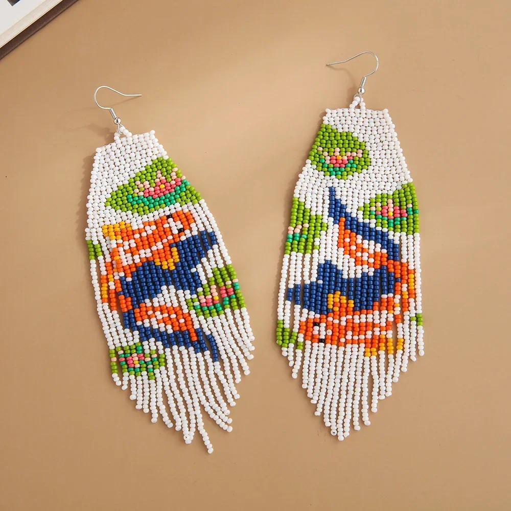 ZGMXR Rice bead earrings Tassel Design Koi Individuality Hand knitting Bohemia Fashion Simple Originality Beaded earrings