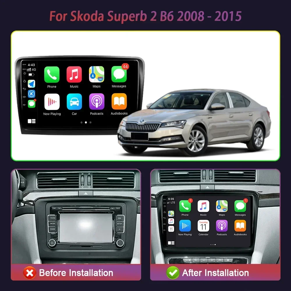 Android 14 Car Radio For Skoda Superb 2 B6 2008-2015 Multimedia GPS Navigation Apple Carplay Touch Screen Auto Stereo