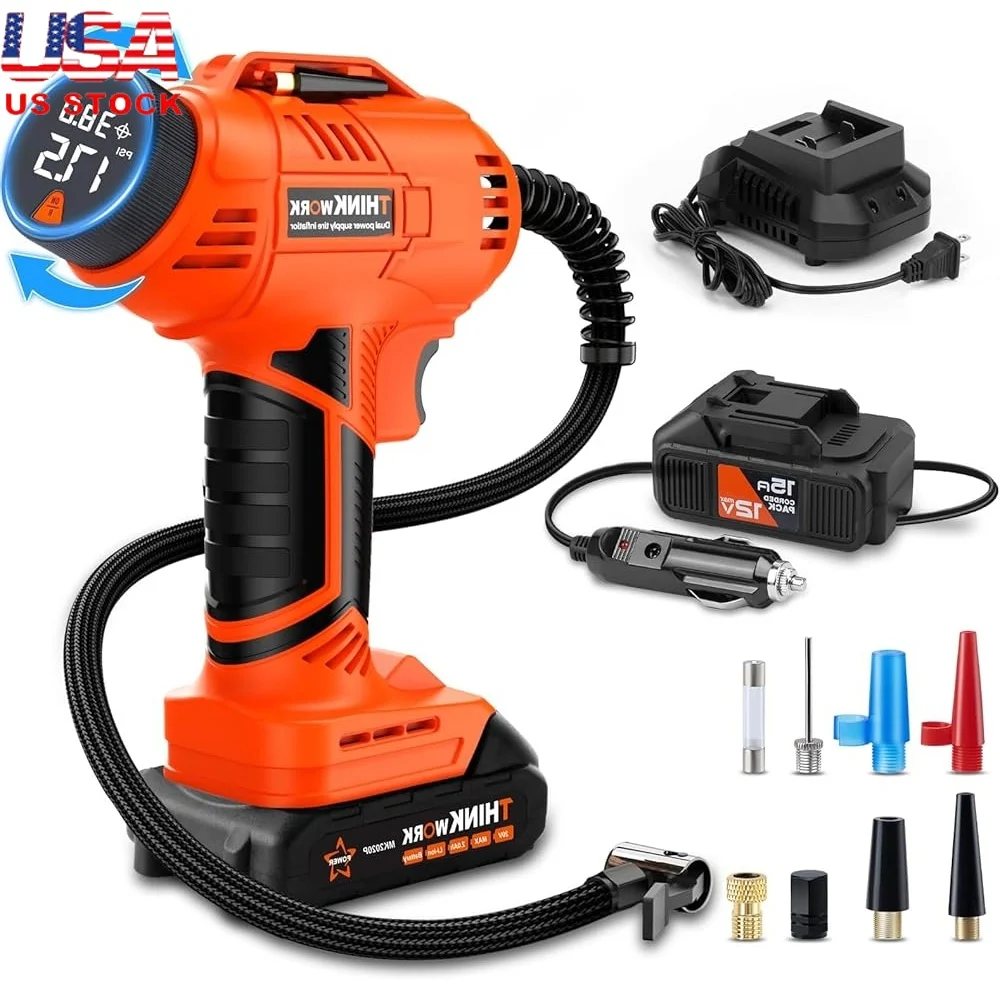 

Cordless Tire Inflator Air Compressor Portable 20V Rechargeable Battery 12V DC Pump Digital Pressure Gauge Car SUV Bicycle