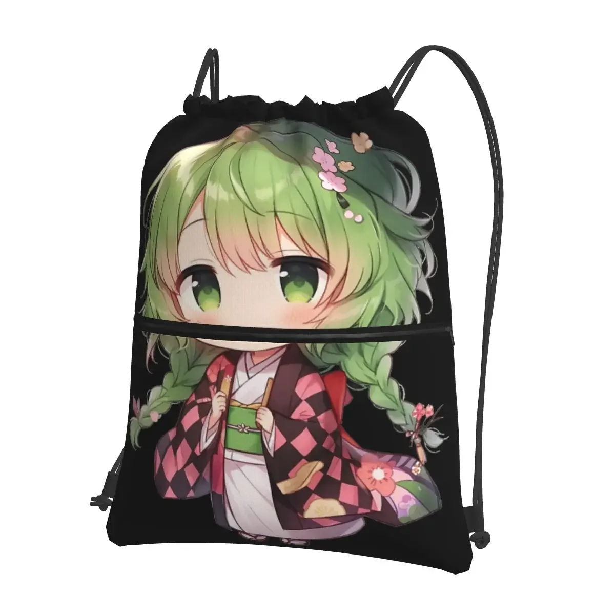 

Green Haired Anime Chibi In A Kimono Portable Backpacks Drawstring Bag Casual Drawstring Bundle Pocket Book Bag For Travel Sport