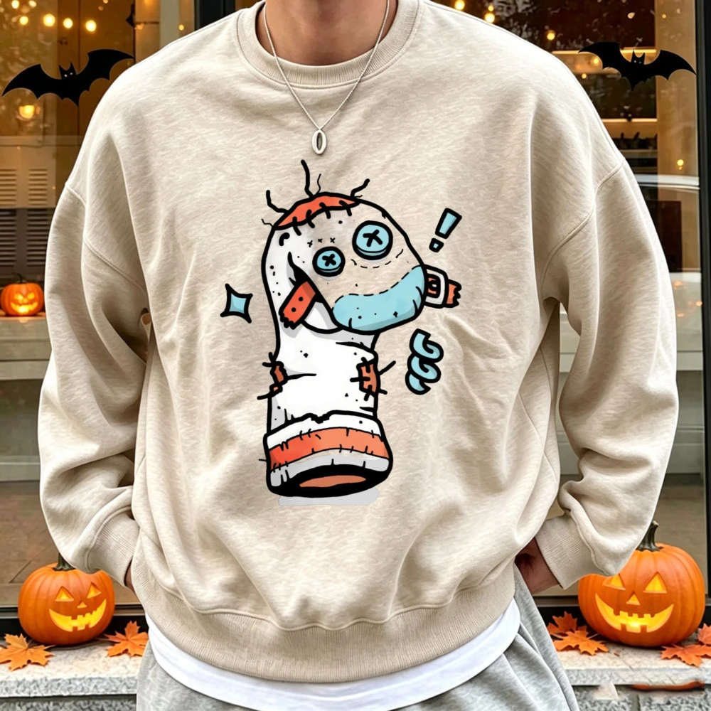 Cute Voodoo Hand Puppet Cartoon Graphic Sweatshirt Halloween Spooky Kawaii Stitch Doll Print Holiday Soft Casual Pullover Tops