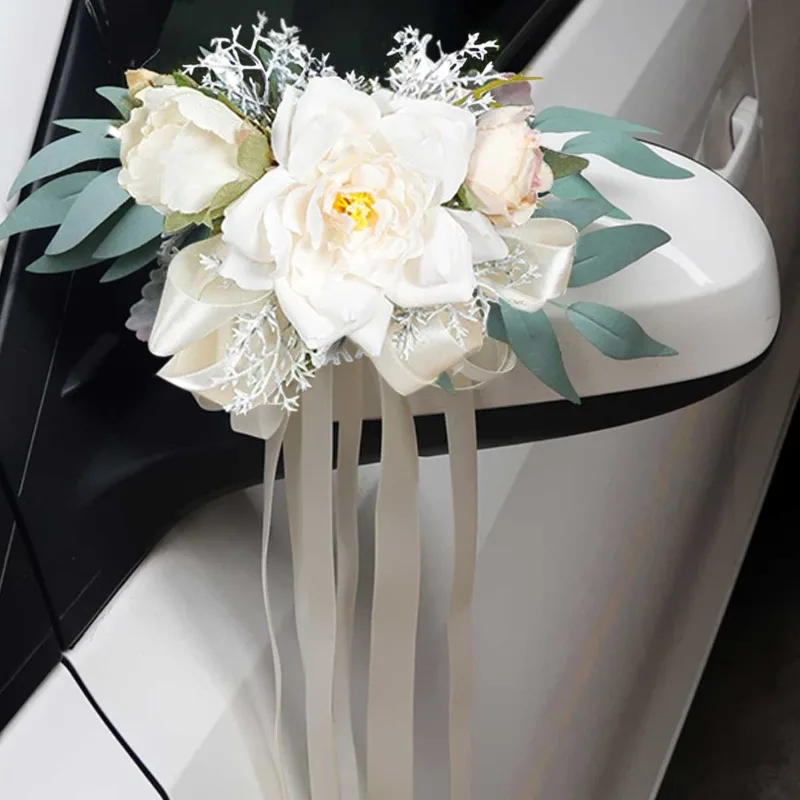 Poignée de porte de voiture de mariage, décor de miroir, décorations d'allée de mariage, fleurs de dossier de chaise, décorations de voiture florales pour fête de cérémonie