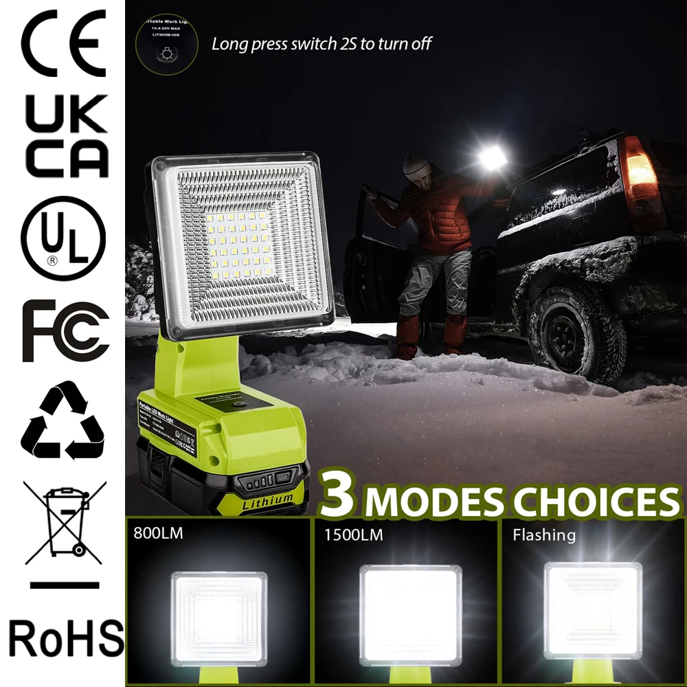 Cordless LED Work Light for Ryobi 18V Battery 25W LED Floodlight with USB-A Fast Charging Port for Jobsite Car Repairing Camping