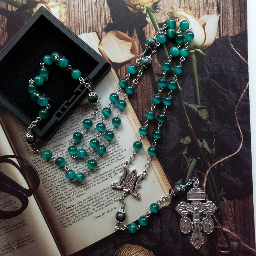 Our Lady Medalla Milagrosa St Benedict Crucifix Cross Rosary Necklace Church Pray Natural Opal Stone Bead Chain Jewelry