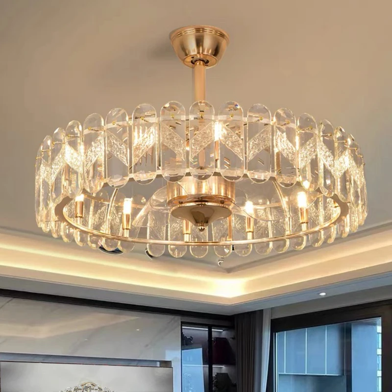 

AiPaiTe gold Fan light, chandelier, chandelier, crystal chandelier, crystal fan chandelier, remote control adjustable wind speed