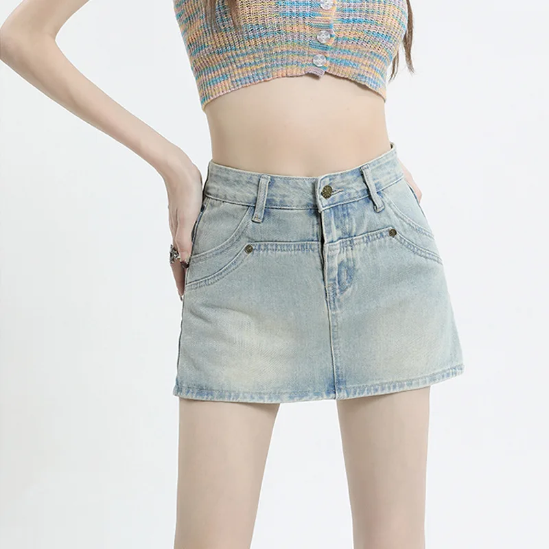 High-waisted A-line Half Body Denim Skirt, Women's Summer Fashion Casual Prevent Exposure Hip Wrap Half Body Denim Short Skirt