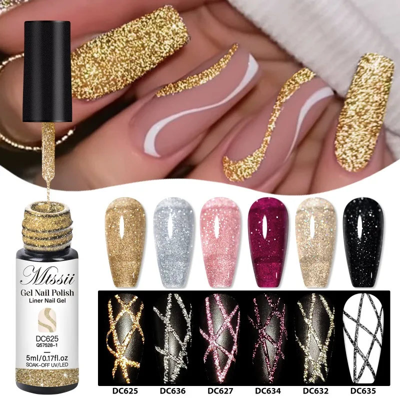 6pcs Reflective Glitter Liner Gel Nail Polish Set Golden Pink Red French Painting Drawing Nail Art UV LED Gel Nail Supplies