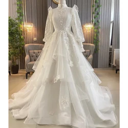 Vintage Irregular Tiered A-Line Wedding Dress High Neck Long Sleeves with Pleat and Applique Custom Made Bridal Gowns Robe