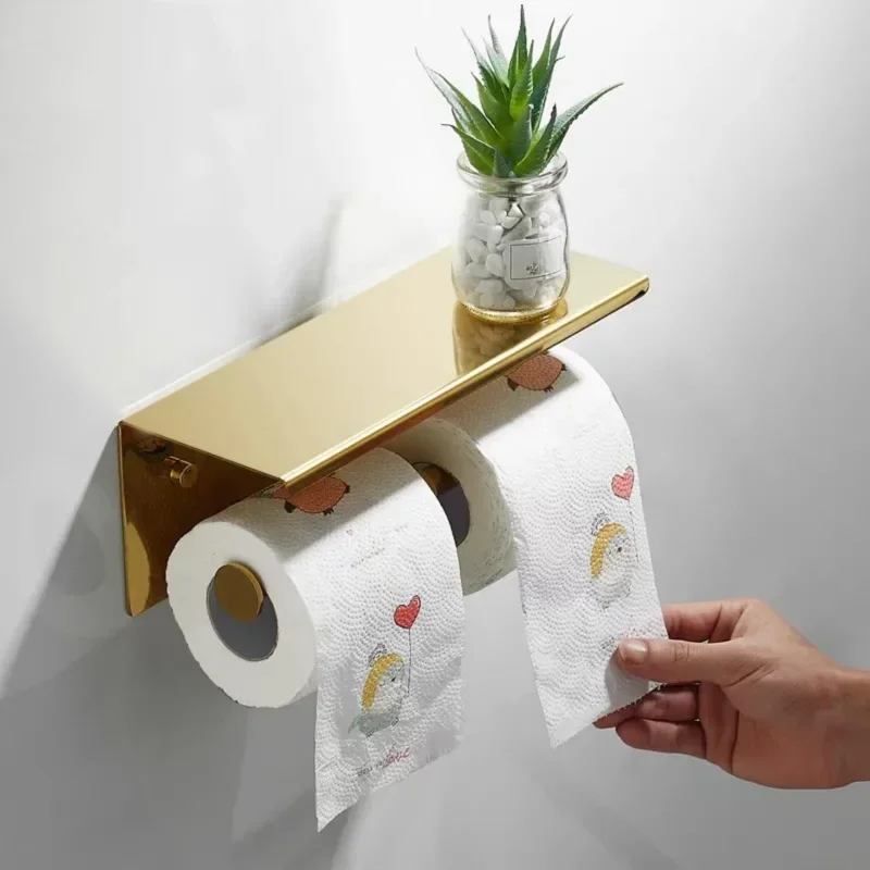 Golden Modern Wall Mounted Toilet Paper Holder Stainless Steel Double Roll Tissue Holder Bathroom Paper Roll Storage Rack Hotel