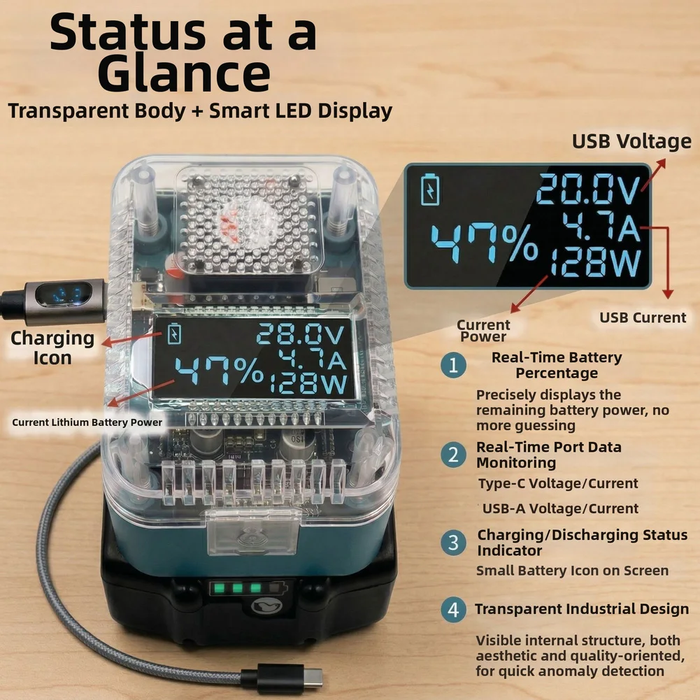 140W PD3.1 Dual-Use Type-C Power Adapter with USB-A for For BL1820B BL1830B BL1840B BL1850B BL1860B 18V Batteries