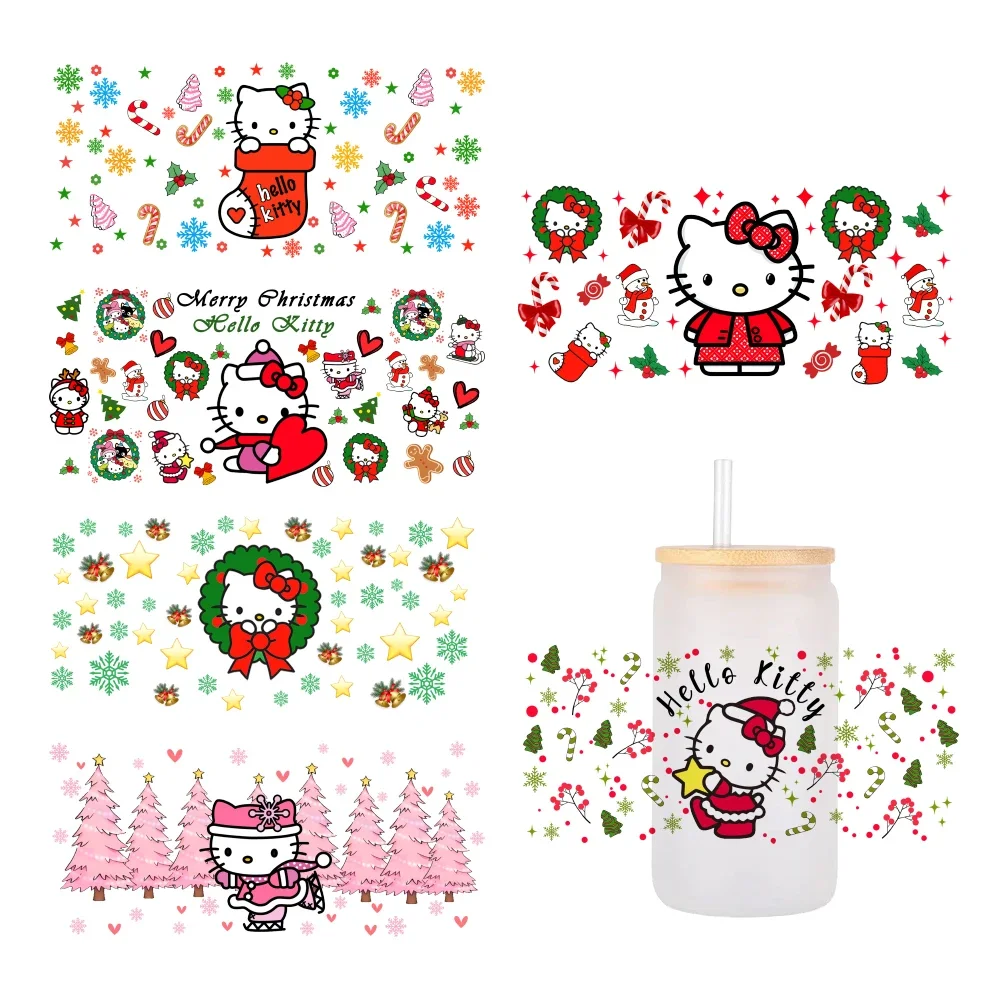 Christmas Sanrio Hello Kitty Newpumpkin Cartoon Uv Dtf Sticker Cup Mug Wraps Sticker Diy 3d Deca For 16oz Libbey Glass