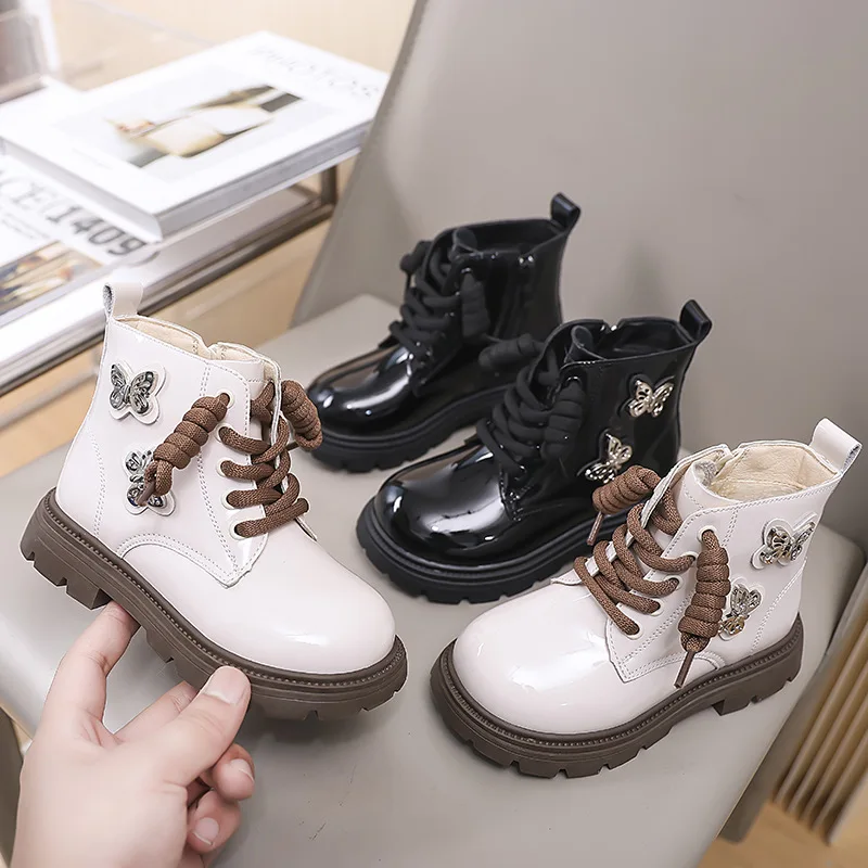 

Girls Butterfly Warm Cotton Boots 2025 Winter New Korean Version Student Cross Lace-up Velvet Non-slip Casual Boots Tide