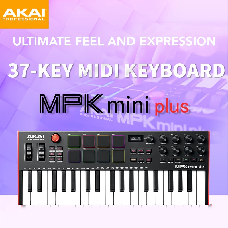 AKAI MPK mini PLUS 37-key MIDI music arranger keyboard, electronic drum machine, and pad controller