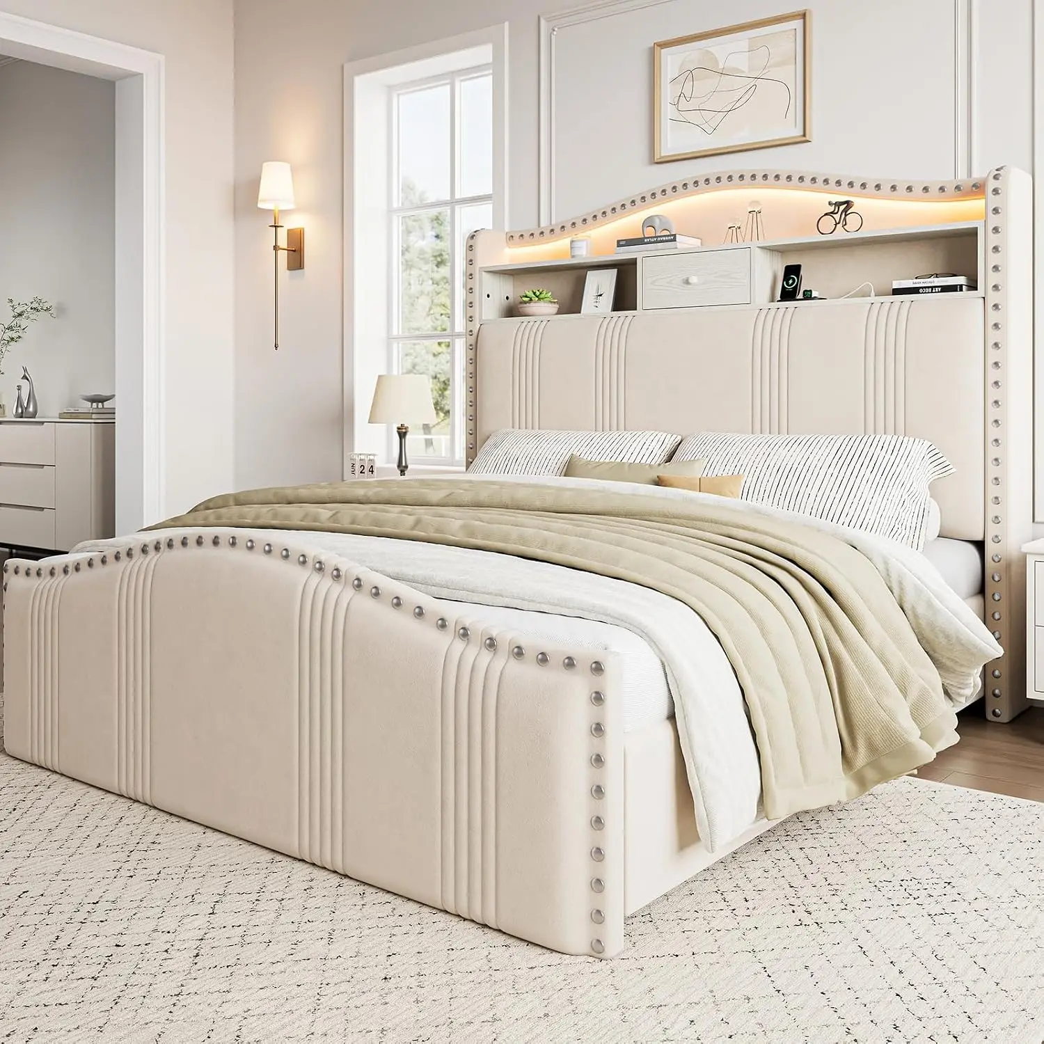 Tall Headboard and Storage Velvet UpholsteredBeD FramewithLEDLights&Charging Station | No Box Spring Needed Tall Footboard White