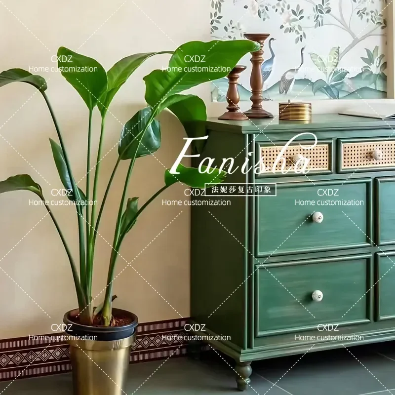 Retro Solid Wood Chest with Rattan Weaving Living Room Entryway Storage Cabinet Wall Mounted Sideboard for Front Door