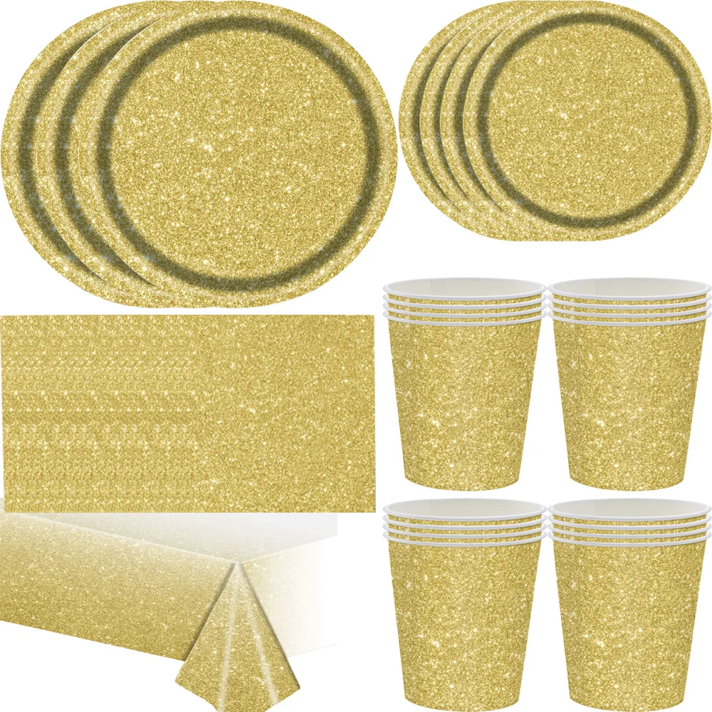 Disposable Tableware Paper Plate Gold Cups Hot Stamping  Paper Plates Wedding Happy Birthday Party Supplies Baby Shower Set