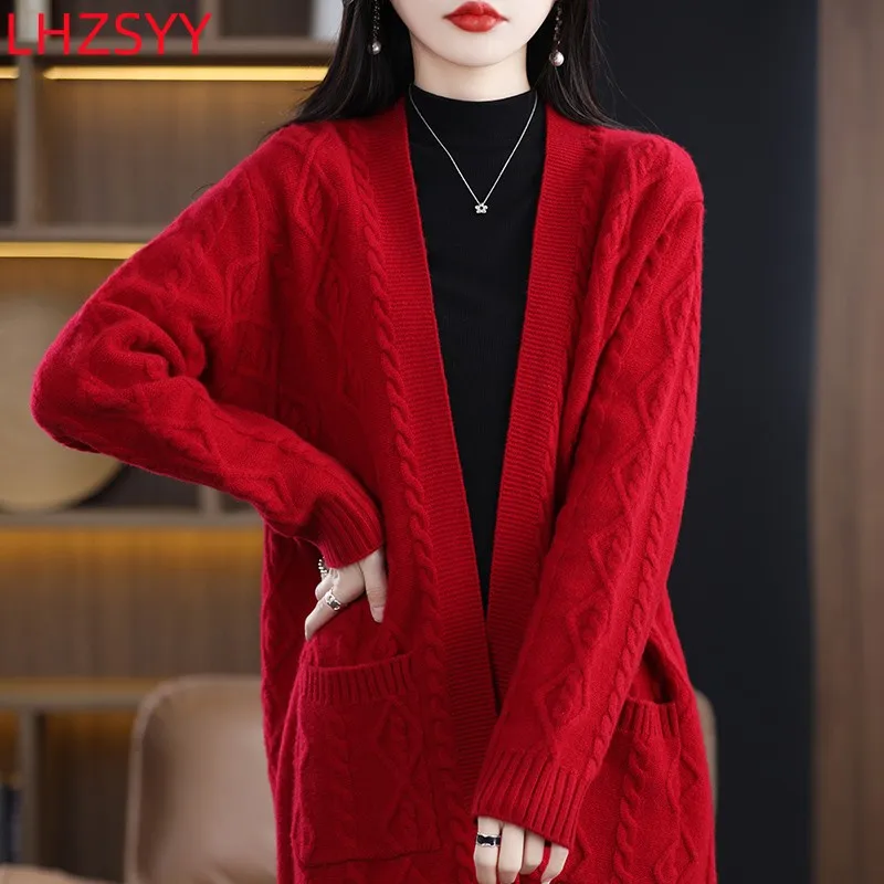 LHZSYY 100% Pure Wool Cashmere Coat Women\'s Jacket Warm Long Knit Cardigan 2023 Spring New Fashion Over-The-Knee Large Size coat